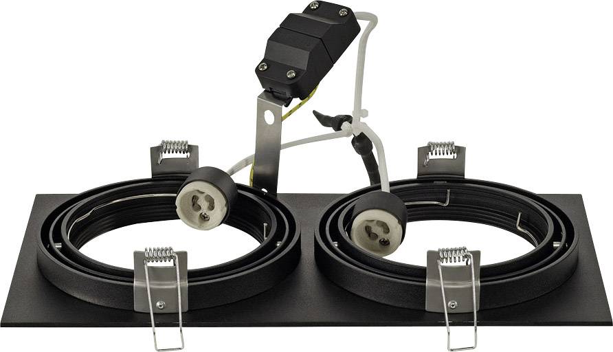 Black device with two circular heating coils and metallic mountings, mounted on a rectangular base.