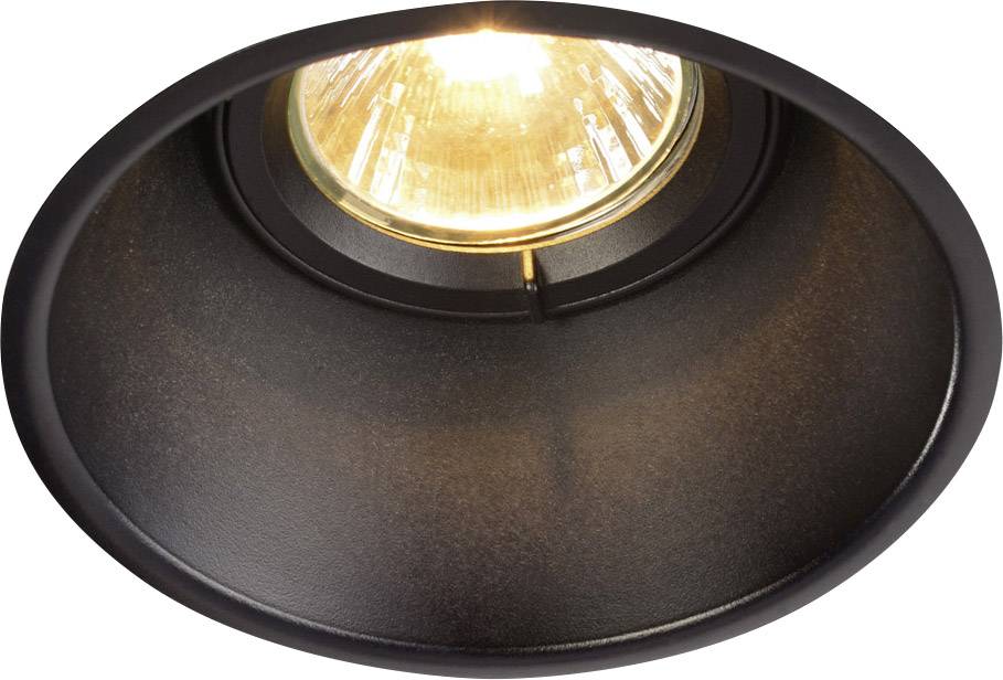 Black recessed light fitting with visible light source, emitting warm, yellow light. Energy-efficient design for interior spaces.