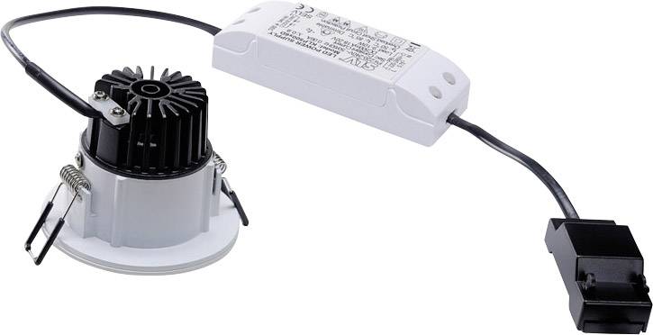 A round LED recessed module with a heatsink and connected driver, suitable for ceiling-mounted lighting solutions.