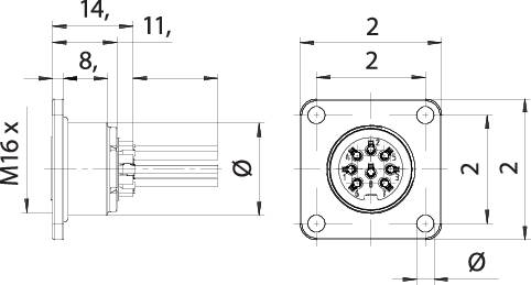 Technical drawing of a circular connector with front and side view. Dimensions and holes specified in millimetres.