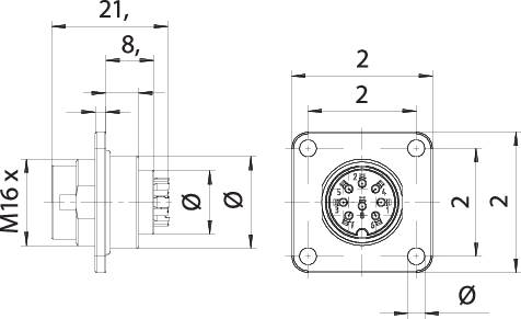 Technical drawing of a circular connector with dimensions and labels. Shows front and side views with assembly details.