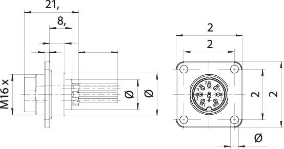 Technical drawing of a cylindrical connector with length and width measurements in millimetres, top view and side view.