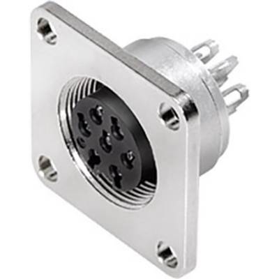 Metal plug with multiple round contact pins, mounted on a rectangular plate with four screw holes.