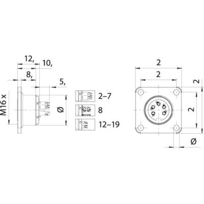 Technical drawing of an electrical connector. Shows dimensions, holes and contact arrangement. Left side view, right top view.