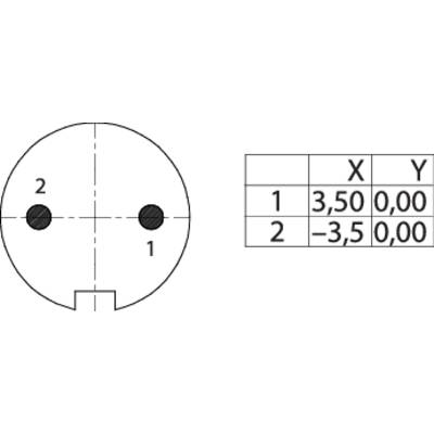 Technical drawing of a circle with two points, numbered '1' and '2', table on the right with columns 'X' and 'Y', point 1 (3.5, 0), point 2 (-3.5, 0).