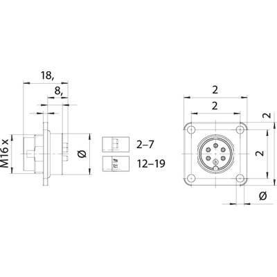 'Technical drawing of a circular connector with detailed dimensions. Shows front, side, and top view.'