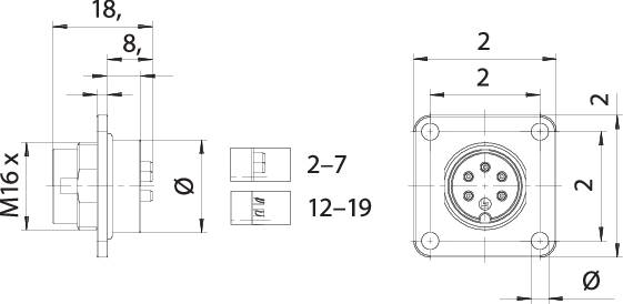 Technical drawing of a connector with dimensional specifications for width, height, and contact spacing. Includes side and front view.