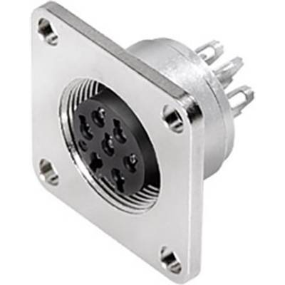 A silver electrical plug with a round black base and multiple pins, mounted on a square plate.
