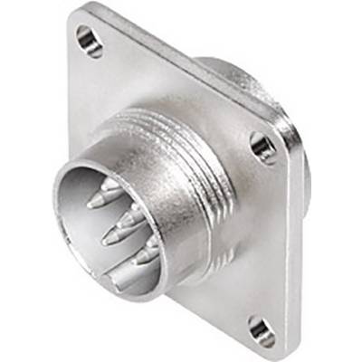 A silver-coloured round plug with multiple pins, attached to a rectangular metal plate with four screw holes.