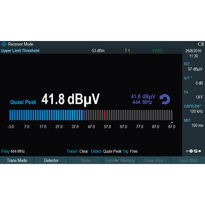 Image of measuring device shows 'Quasi Peak 41.8 dBμV', Frequency at 444 MHz. Status: PASS. Date: 26/08/2016, 11:30.
