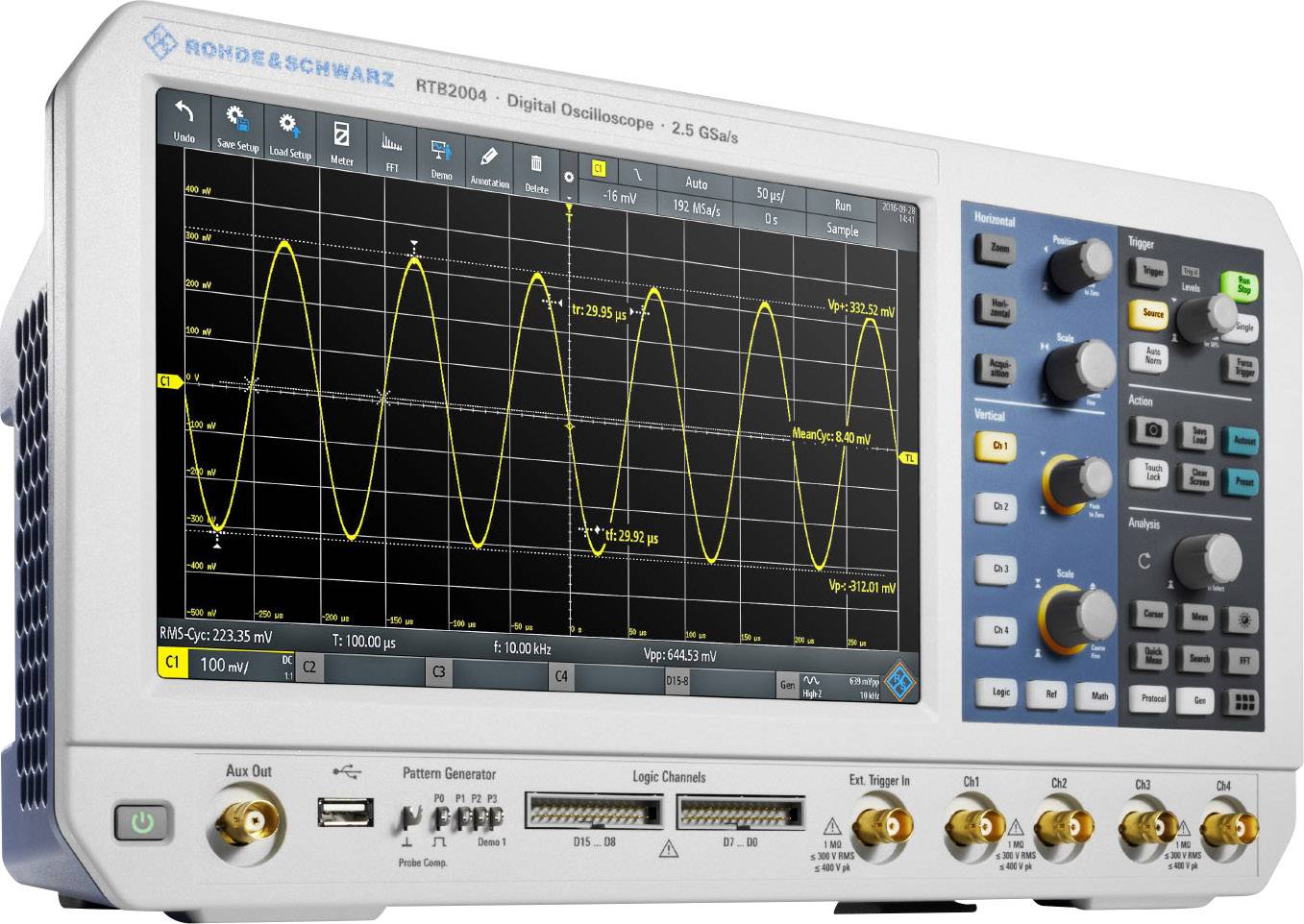 An oscilloscope displays a yellow sine wave on a screen. Numerous controls and connectors are positioned beside it.