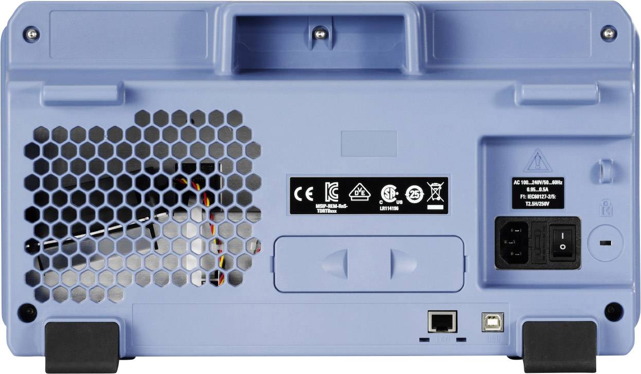 Back of a blue electronic device with ventilation grille, power connection, USB and Ethernet ports. Safety symbols visible.