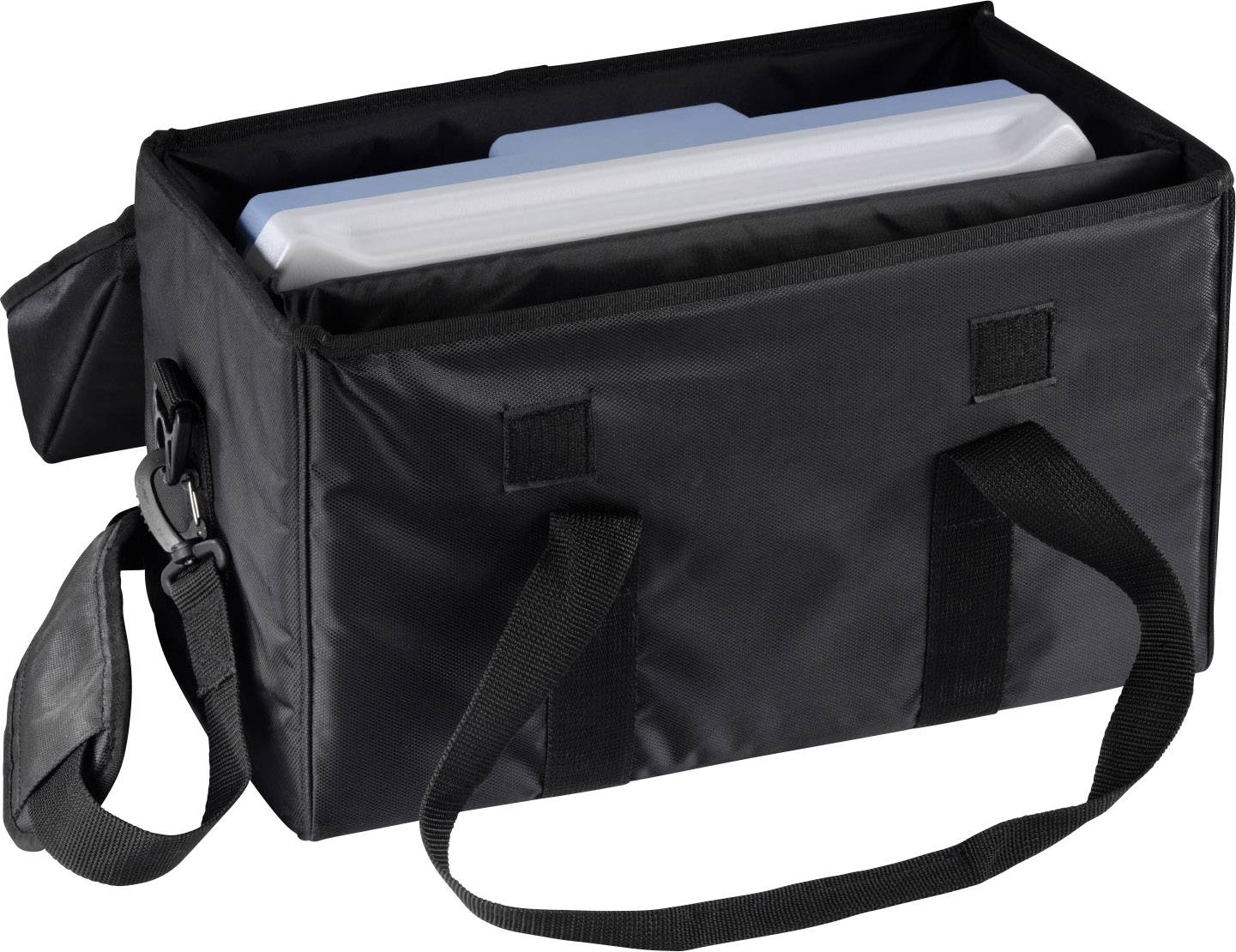 Black shoulder bag, open and filled with a folder.