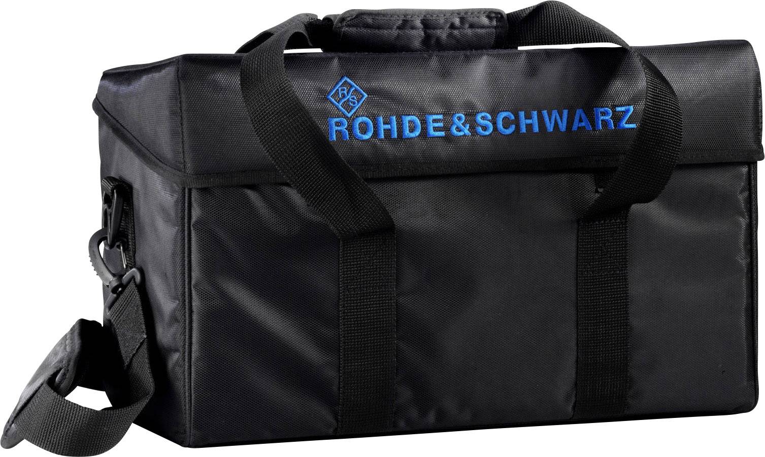 A black carrier bag with carrying straps and the inscription 'ROHDE & SCHWARZ' in blue lettering at the top.