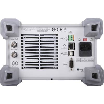 Rear view of an electrical device with connections for Imon OUT, Vmon OUT, Digital I/O, USB, RS-232, mains connection, and earthing point.