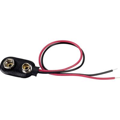 A 9-volt battery clip with red and black cables emerging from a black connector part.