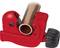 A red pipe cutter tool enclosing a copper pipe, with a black rotary knob for adjusting the cutting force.