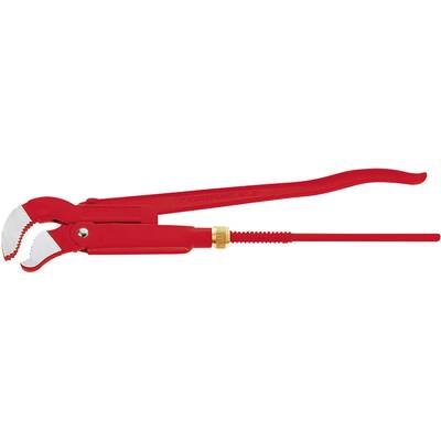 Red pipe wrench with adjustable handle and serrated jaws, suitable for gripping and turning pipes or round objects.
