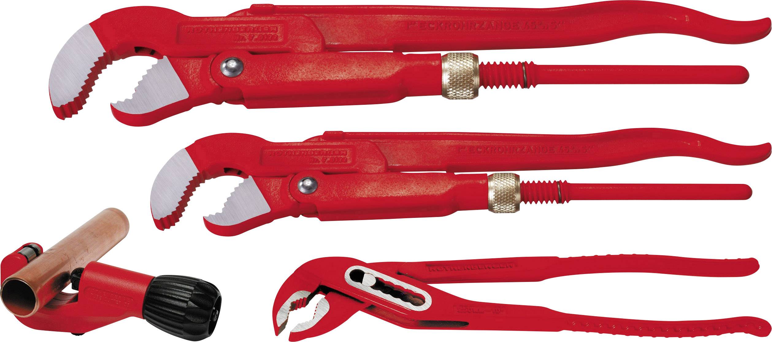 Three red pipe wrenches and a pipe cutter; plumbing tools, on a white background.