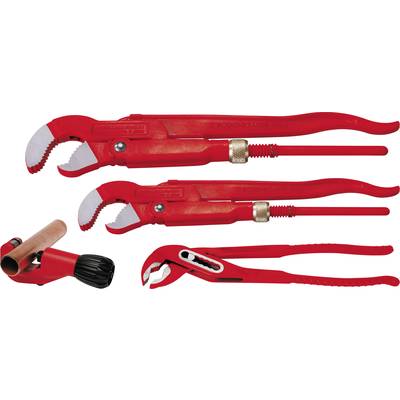Three red pipe wrenches and a pipe cutter; plumbing tools, on a white background.