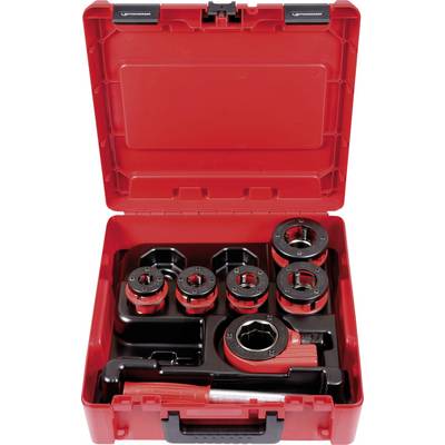 A red toolbox with various pipe cutter attachments. All parts are neatly organised in compartments.