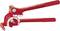 A red pipe bending tool with angle markers. It has two handles and is designed for precise tube bending.