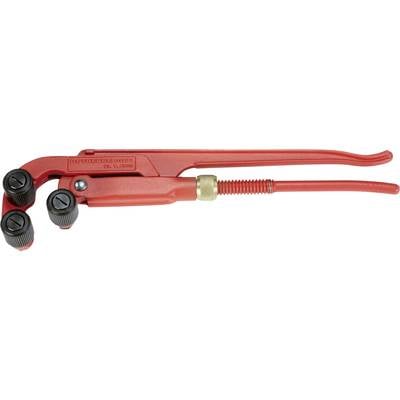 Red pipe bending machine with three black handles, used for manually bending pipes in the workshop or on construction sites.