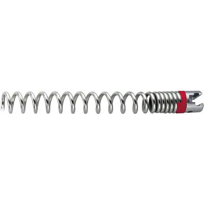 A metal spring with a red ribbon at one end, viewed from the side.