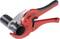 A red pipe cutter with an ergonomic handle cuts a black plastic pipe. Suitable for precise cuts during installation.