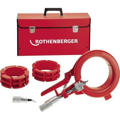 A red toolbox with the inscription 'ROTHENBERGER' and various pipe wrenches and attachments lies in front of it.