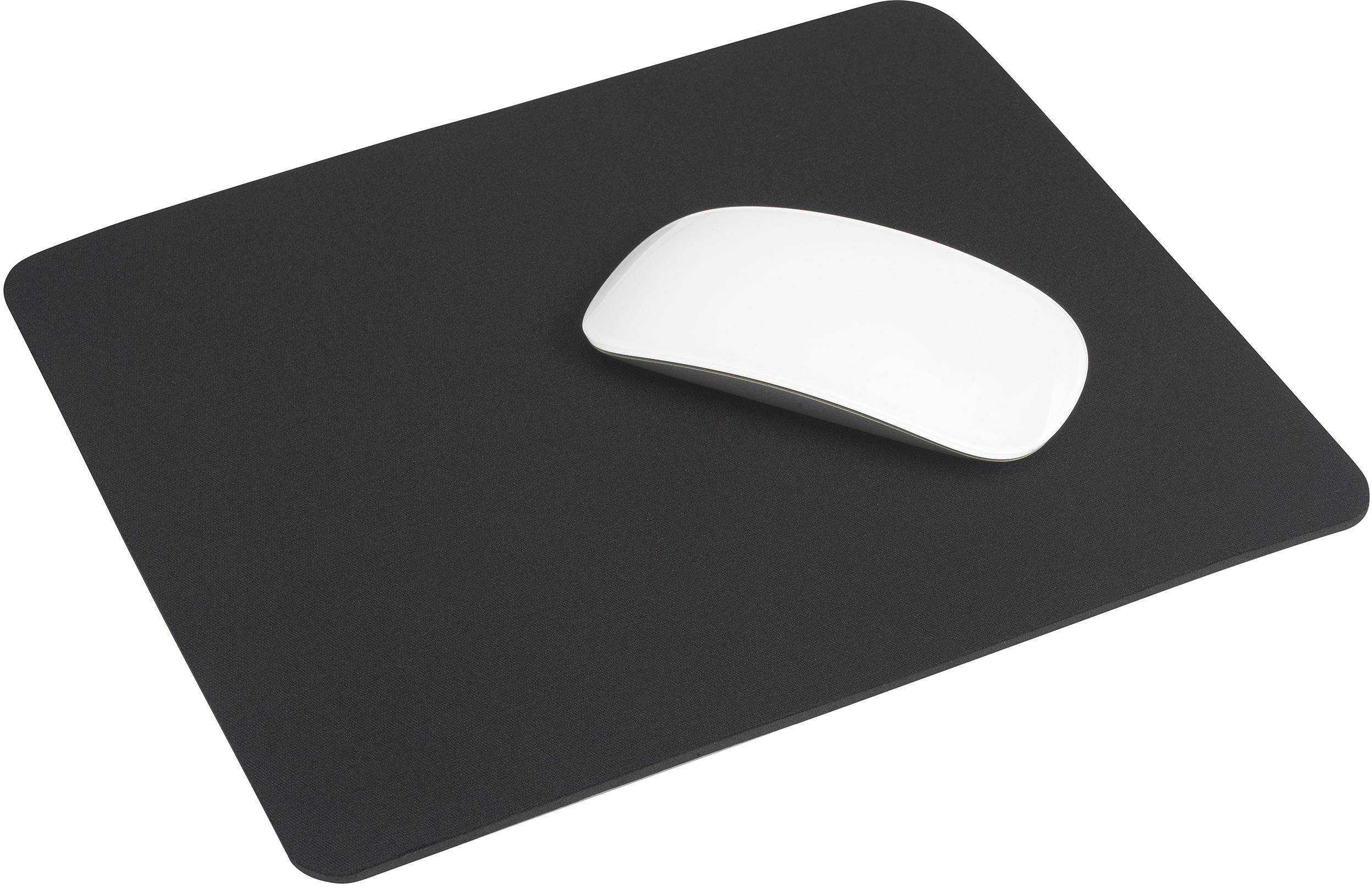 White computer mouse on a black mousemat.