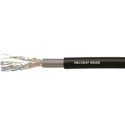 A black cable with the inscription 'HELU KAT 600AE'. The cable is partially stripped, and several coloured wires are visible.