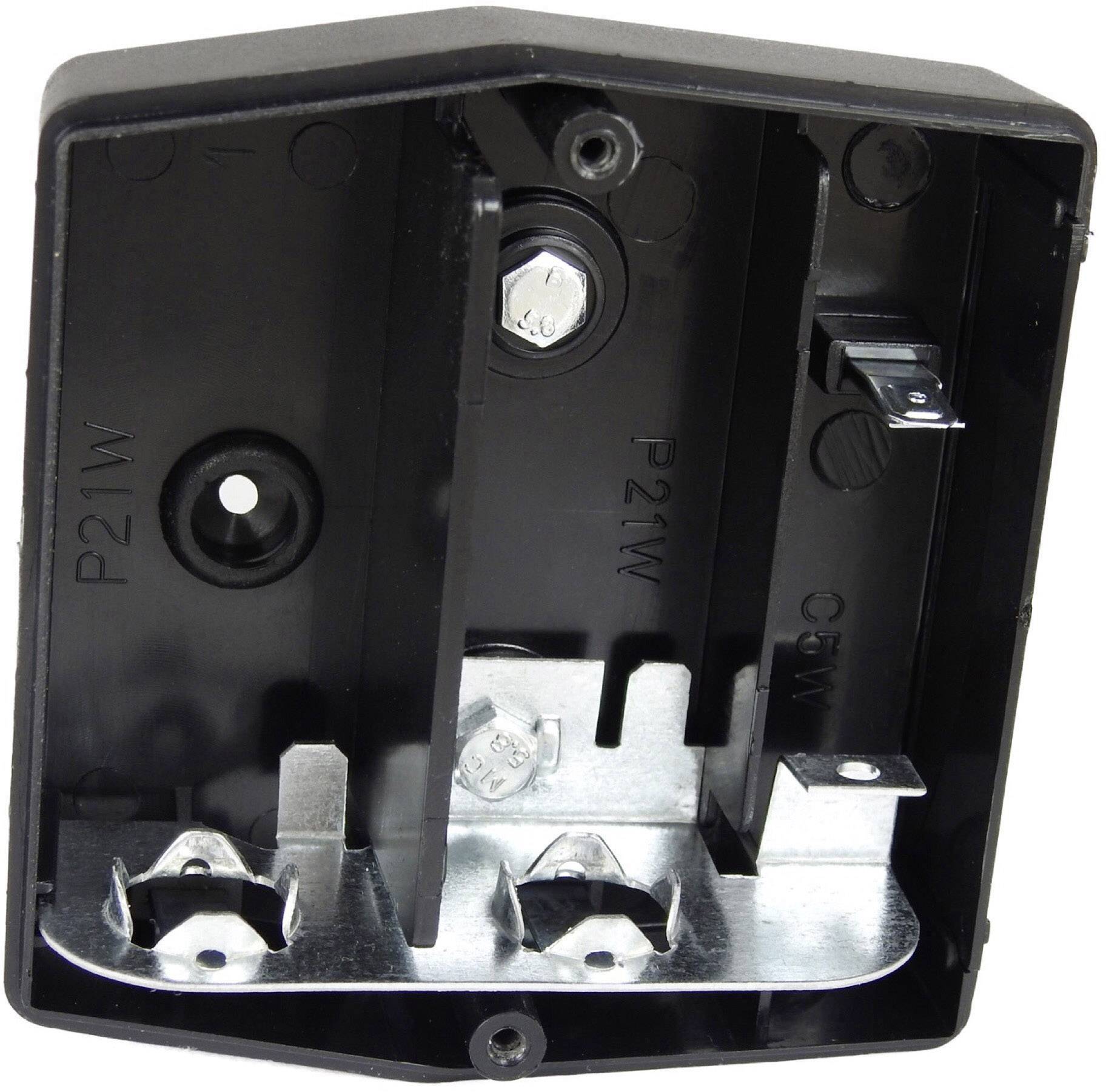 Black lamp holder for two car lamps, with metal clips for mounting. Suitable for P21W and C5W bulbs.