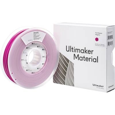 A reel of magenta PLA filament from Ultimaker next to its original packaging.