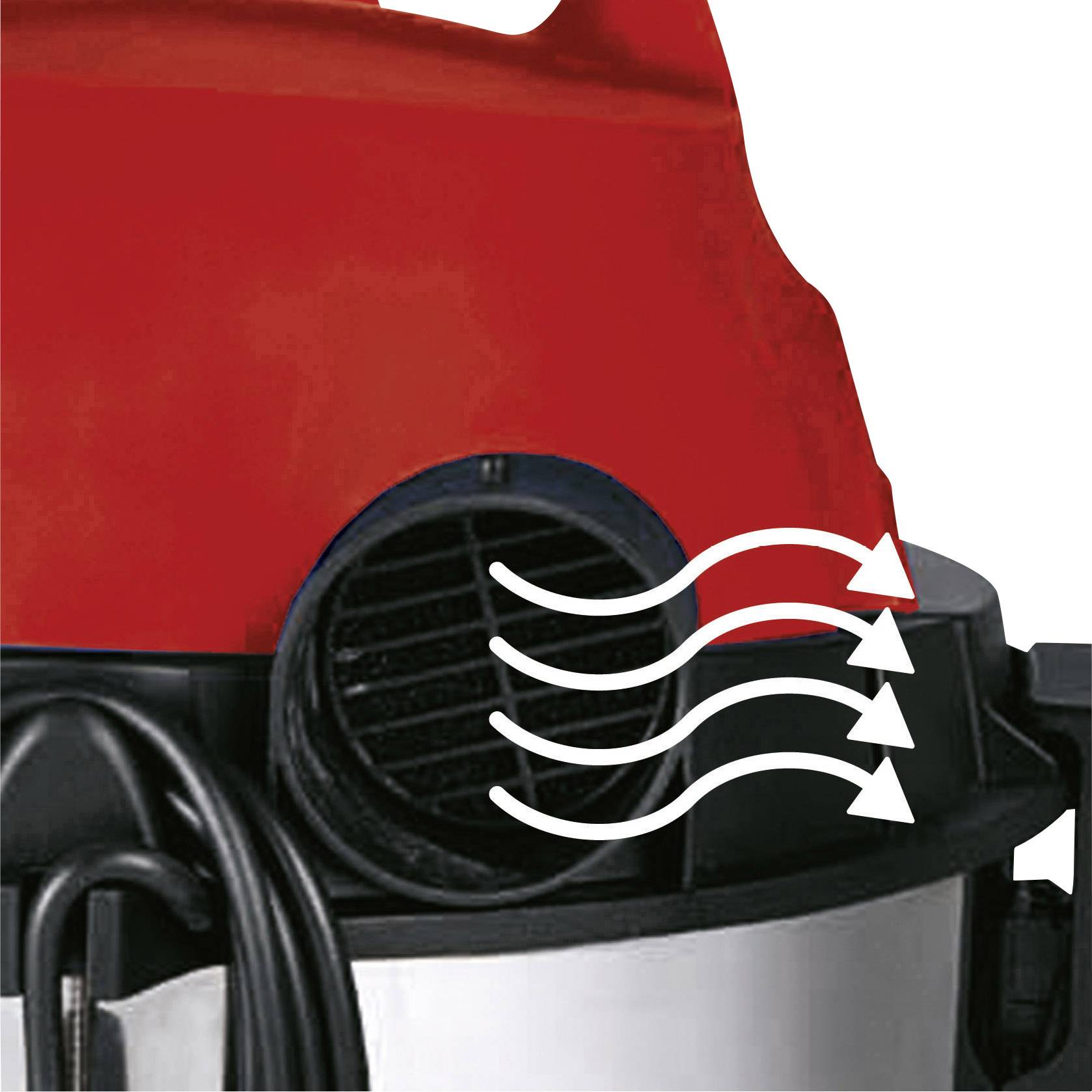 Vacuum cleaner with a red and black casing and airflow symbols indicating the air outlet opening.