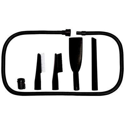 Vacuum cleaner accessory set with hose, two brushes, narrow nozzle and adapter, suitable for hard-to-reach areas.