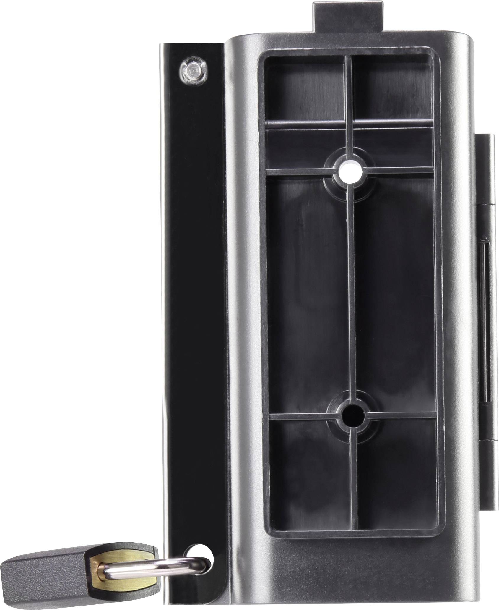 Black metal holder with lock and key hook, typically used for securely fastening an object to a wall.