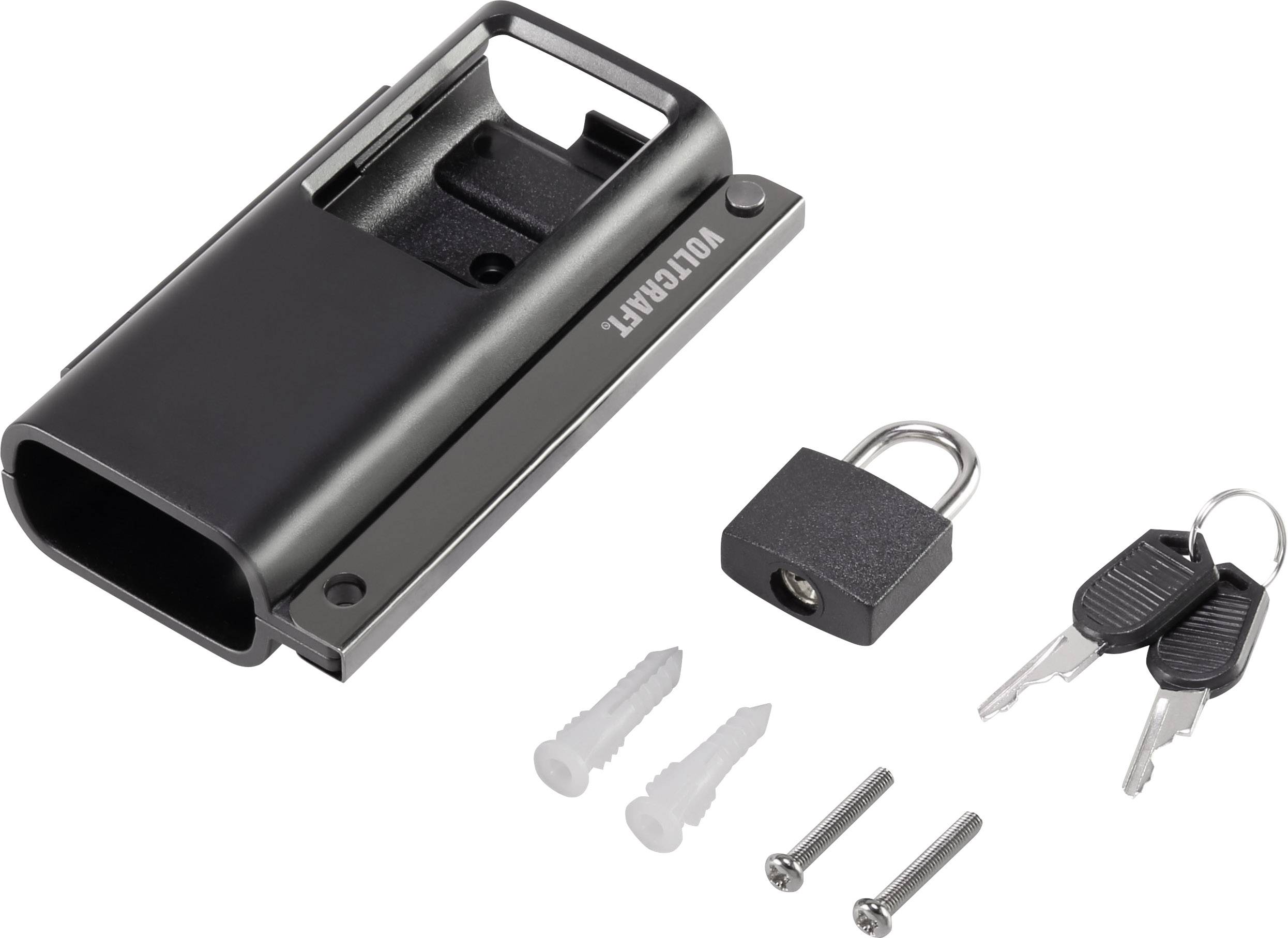 A black padlock set comprising a main padlock, two keys, a small padlock, and mounting materials.