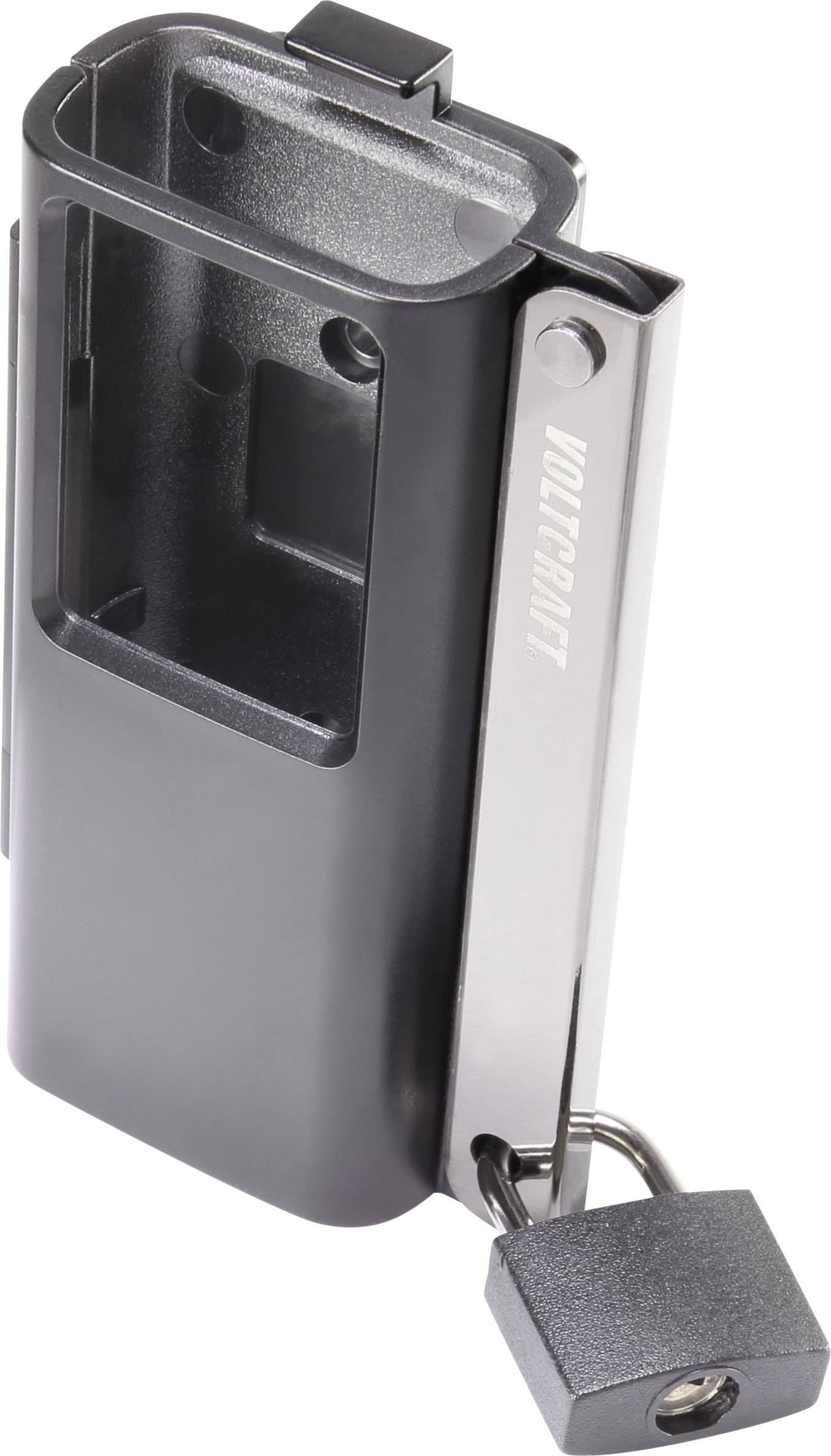 Black case with locking mechanism and padlock; the word 'VOLCRAFT' is printed on the side.