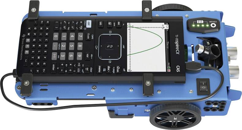 A blue robot car with a calculator display mounted on top shows a diagram with a curve.