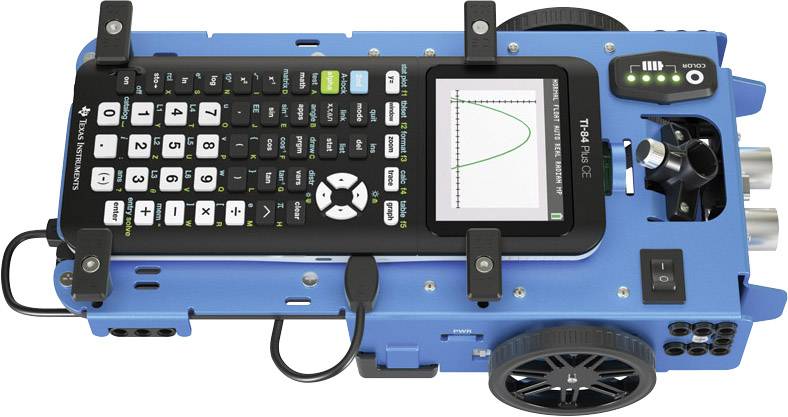 A blue robot car with an integrated calculator displaying a graph diagram symbolises technical education.