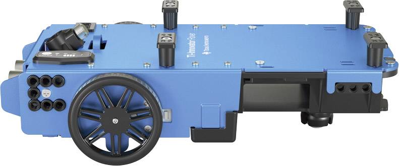 A blue robot with two wheels, multiple slots and sensors on the front, likely for technical applications.
