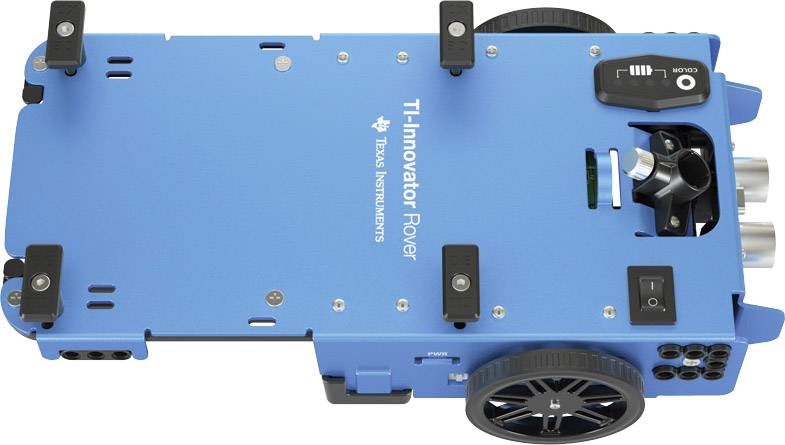 A blue robot called 'TI-Innovator Rover' by Texas Instruments with two wheels and sensors, suitable for educational purposes.