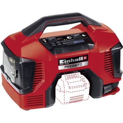 Portable compressor by Einhell, model 'Pressito', is red and black with carrying handle and control panel.