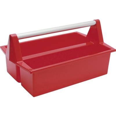 Red plastic container with a white handle, suitable for storing or transporting small items or tools.