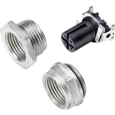 Three connection components: two silver threaded nuts and a black connector plug. Technical components for electronics.