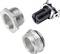 Three connection components: two silver threaded nuts and a black connector plug. Technical components for electronics.
