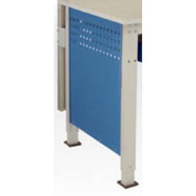 A blue side panel of a table or desk with white metal legs, suitable for stabilisation or as a privacy screen.