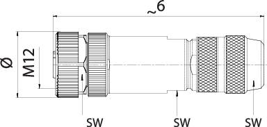 Technical drawing of an M12 connector with dimensions. Shows detailed components and measurements in millimetres.