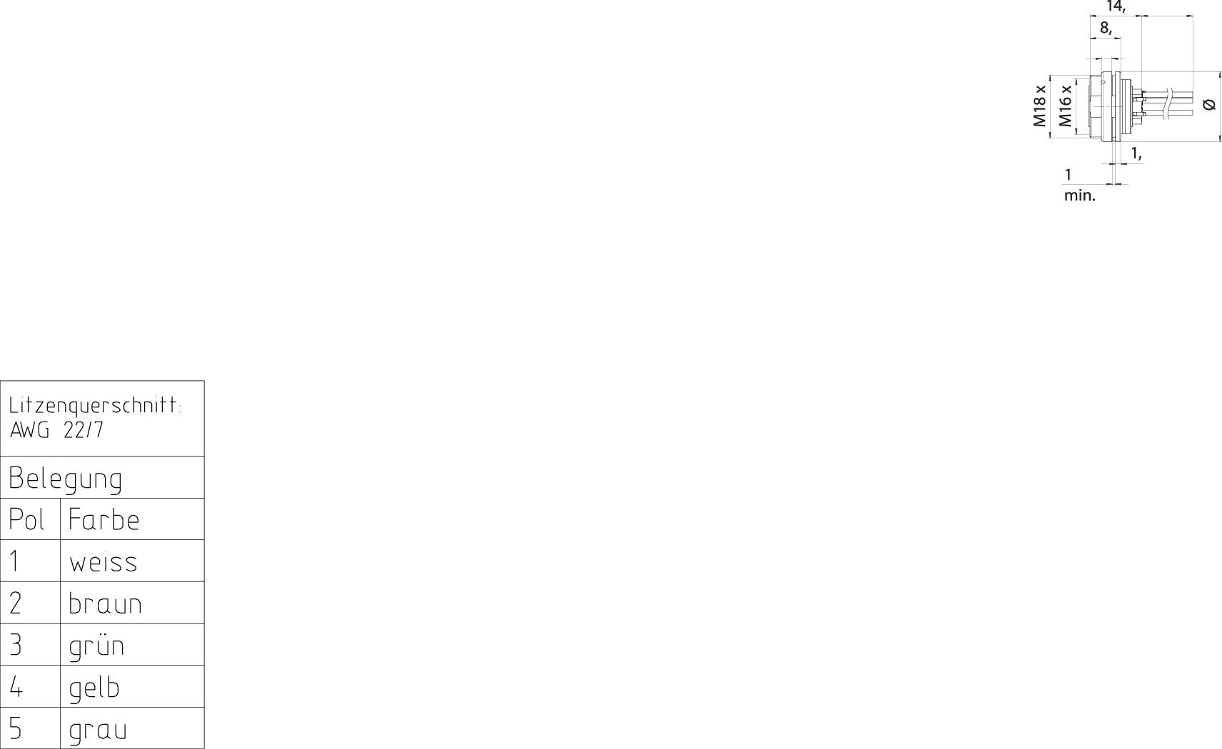 'Connection' Table shows the Pole Numbers and Colours: 1 - white, 2 - brown, 3 - green, 4 - yellow, 5 - grey. Technical drawing top right.